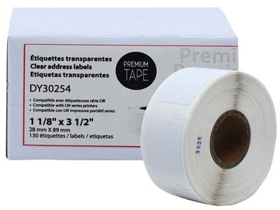 Étiquettes d’adresses transparentes Premium Tape de 1 1/8 po x 3 1/2 po (1 x130) compatible avec la Dymo 30254