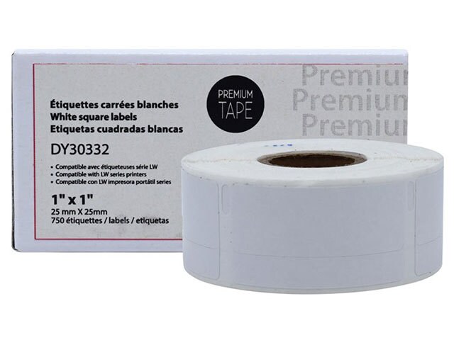 Premium Tape White Square Labels 1" x 1" (1 x 750 labels) Compatible with Dymo 30332