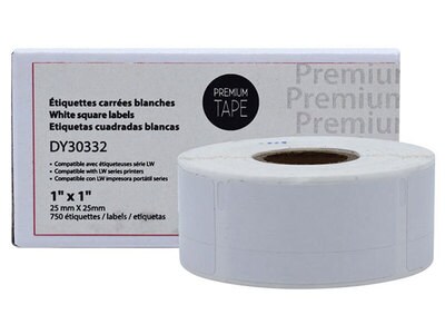 Étiquettes carrées blanches Premium Tape de 1 po x 1 po (1 x 750 étiquettes) compatible avec la Dymo 30332