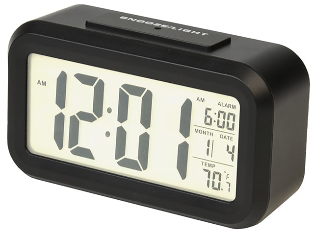 RCA Portable Alarm Clock with Auto Night Light Sensor, Temperature & Calendar - Black