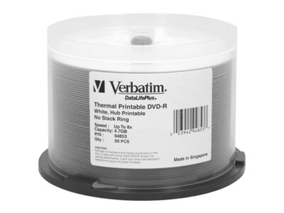 Disques DVD-R 8X de 4,7 Go imprimables par transfert thermal de Verbatim – paquet de 50