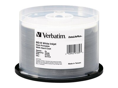 Verbatim 25GB 6x Printable White Hub Inkjet Blu-Ray Recordable Discs - 50 Pack