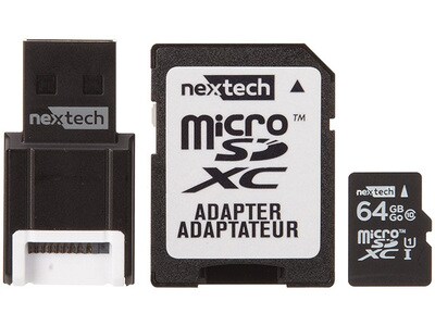 Nexxtech 64GB Class 10 MicroSD Memory Card with SD and USB Adapter