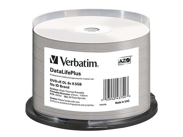 Disques DVD+R 8X 8,5 Go de thermographie et imprimables au centre Verbatim - blanc - Pqt de 50