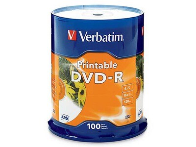 Disques DVD-R 16X 4,7 Go imprimables à jet d'encre Verbatim - blanc - Pqt de 100
