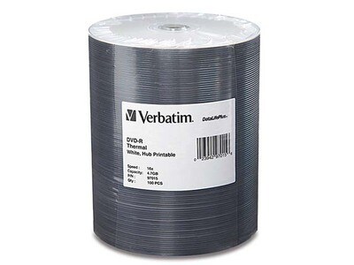 Disques DVD-R 16X 4,7 Go à thermographie et imprimables au centre Verbatim - blanc - Pqt de 100