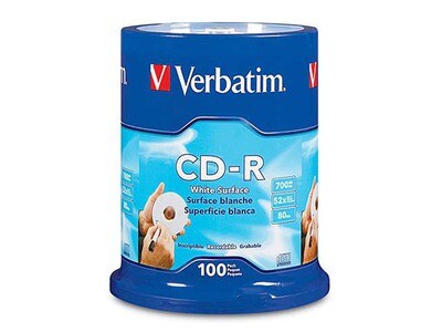 Verbatim 80MIN 700MB 52X CD-R Discs – Blank White – 100 Pack
