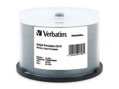 Verbatim Inkjet & Hub Printable 700MB 52X CD-R Discs - Silver - 50-Pack