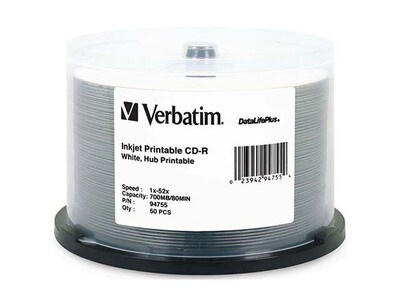 Verbatim Inkjet & Hub Printable 700MB 52X CD-R Discs - White - 50-Pack