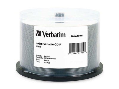 Verbatim Inkjet Printable 700MB 52X CD-R Discs - White - 50-Pack