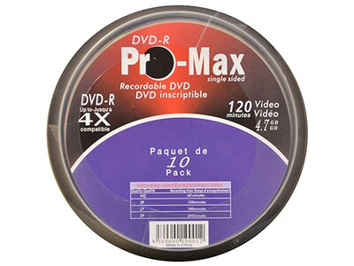 Disques 4X DVD-R à inscription unique de Pro-Max - Paquet de 10 sur tige