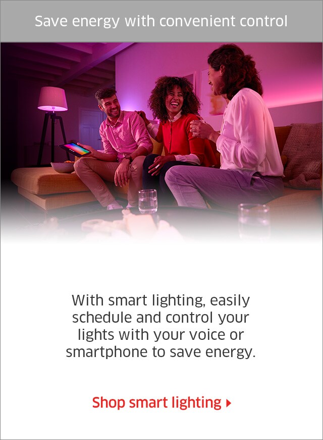 Save energy with convenient control With smart lighting, easily schedule and control your lights with your voice or smartphone to save energy. Shop smart lighting