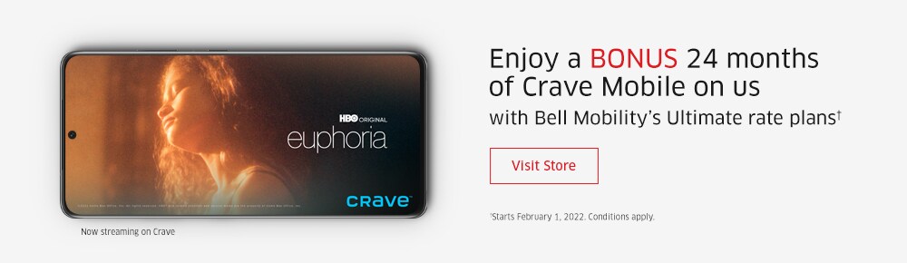 Enjoy a BONUS 24 months of Crave Mobile on us with Bell Mobility's Ultimate rate plans†  Visit Store