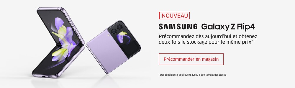 NOUVEAU SAMSUNG Galaxy Z Flip4  Détails / Précommander en magasin  Feature Callout Prenez des égoportraits, des photos et des vidéosen mains libres partout où vous allez.