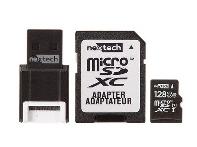 Nexxtech 128GB microSD Class 10 Memory Card with SD and USB adapter
